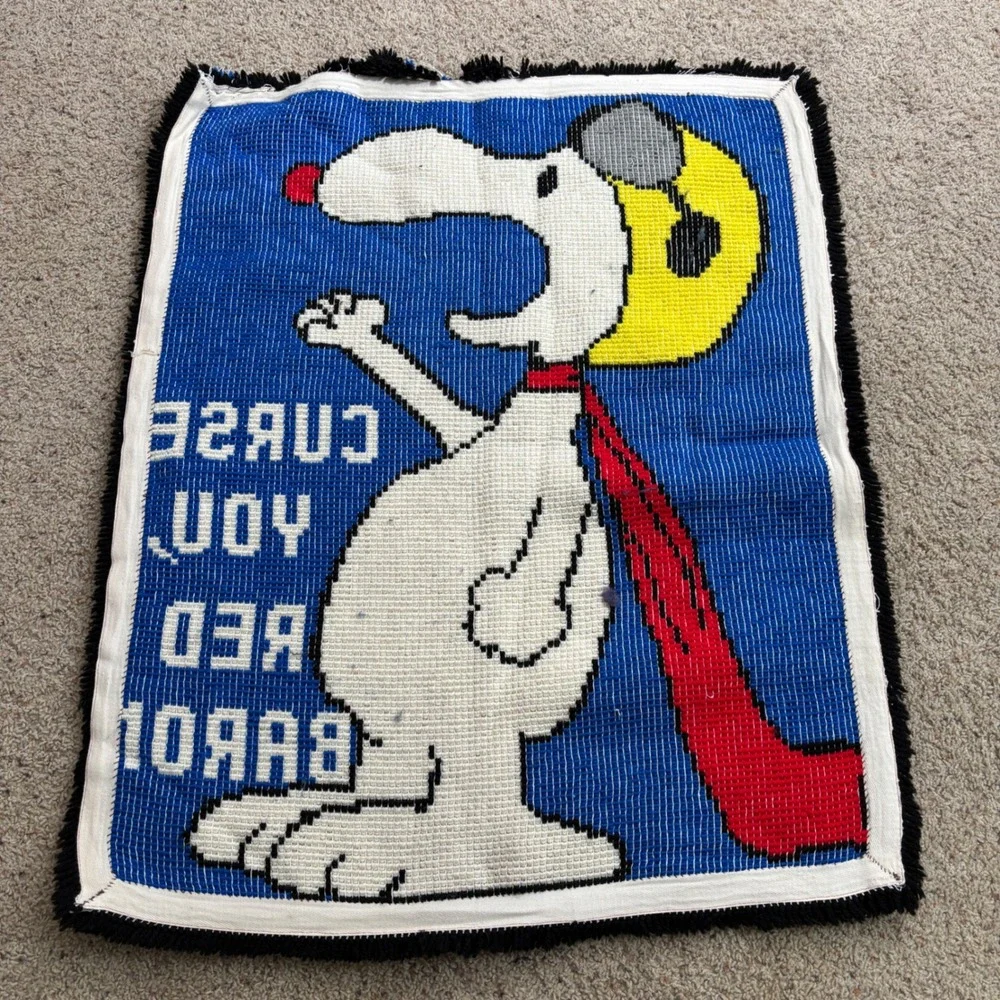 Vintage Snoopy Curse You Red Baron‎ Latch Hook Rug Wall Hanging Blue Peanuts SEE